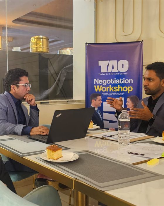 Harshadewa Amaratunga and Didula Weerasekara in a table discussion at the TAO Negotiation Workshop